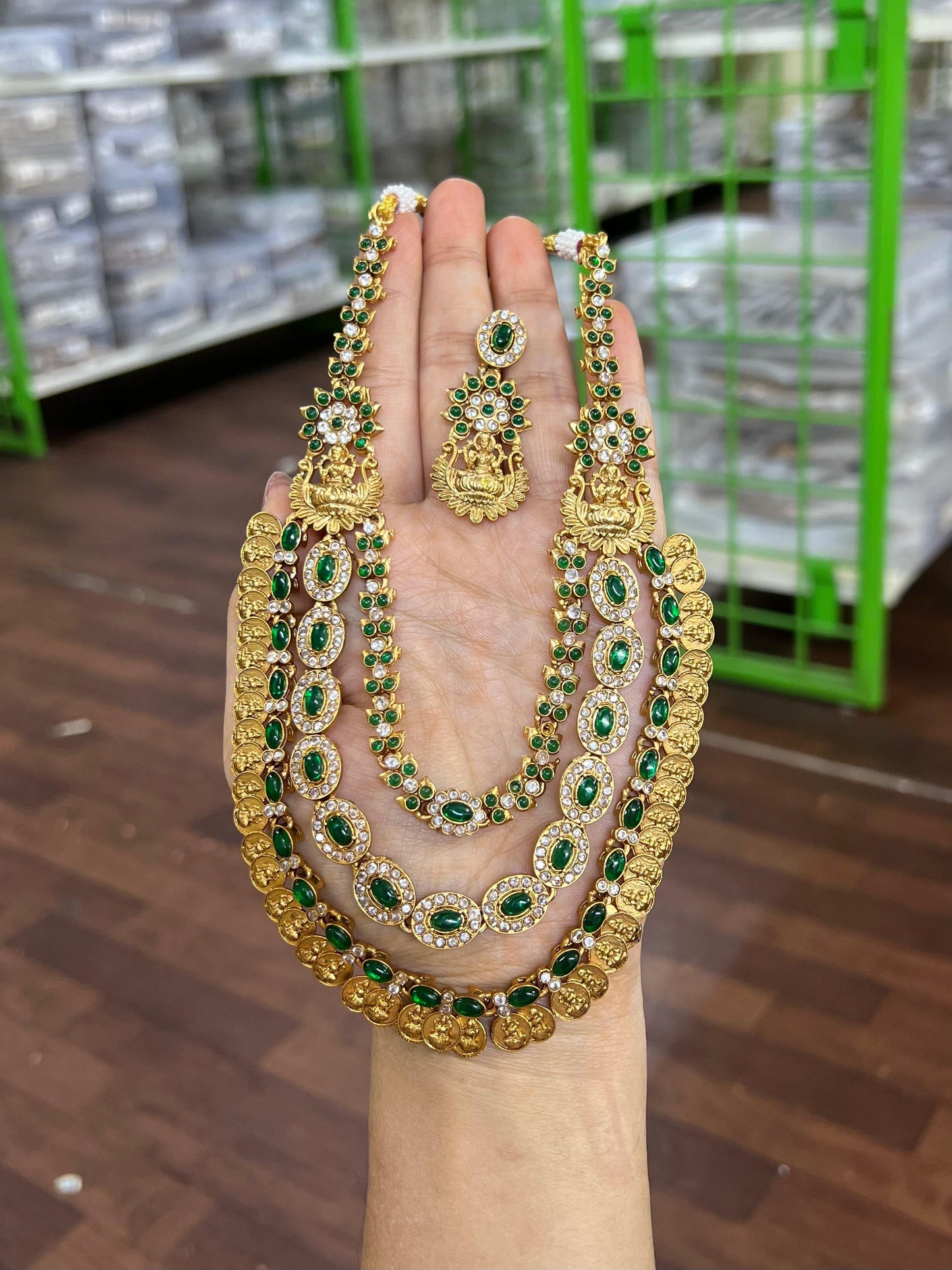 Grand Emerald Lakshmi Haram Necklace Set | Antique Gold South Indian Temple Jewelry
