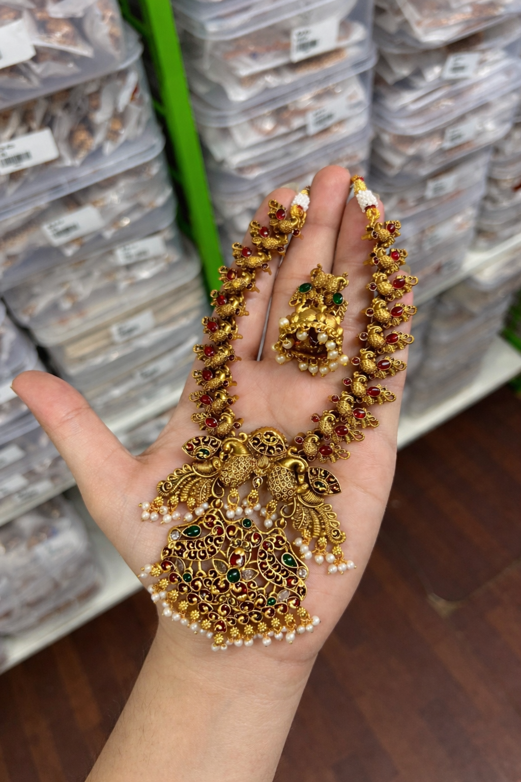 Antique Temple Design Imitation Necklace Set with Pearl Drops – Bridal & Festive Jewellery