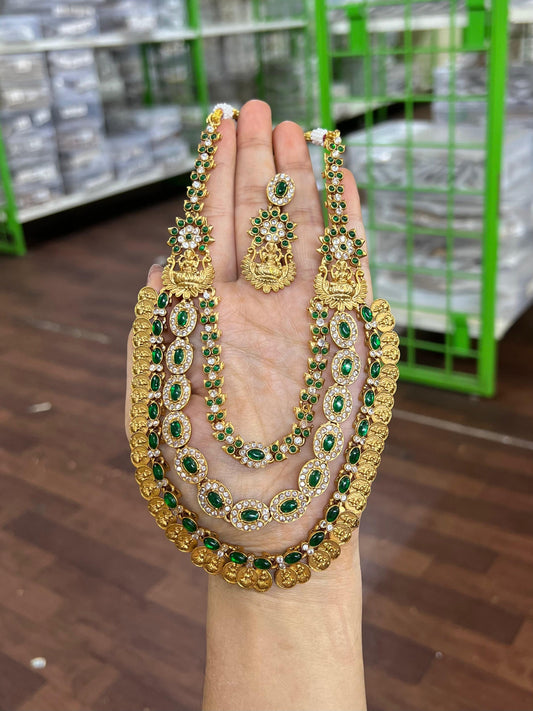 Grand Emerald Lakshmi Haram Necklace Set | Antique Gold South Indian Temple Jewelry